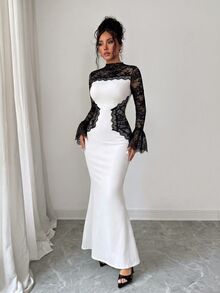 Modelyn Elegant High-End Lady Style Lace Patchwork Hollow Contrast Color Long Sleeve Slim Fit Flattering Women's Formal Long Dress - Black and White - View 7