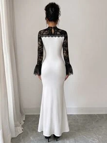 Modelyn Elegant High-End Lady Style Lace Patchwork Hollow Contrast Color Long Sleeve Slim Fit Flattering Women's Formal Long Dress - Black and White - View 8