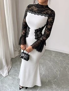 Modelyn Elegant High-End Lady Style Lace Patchwork Hollow Contrast Color Long Sleeve Slim Fit Flattering Women's Formal Long Dress - Black and White - View 3