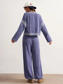 Bohemela Women's Long Sleeve Pocket Sweatshirt And Striped Drawstring Waist Pants 2 Pieces Set - Blue - View 7