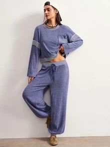 Bohemela Women's Long Sleeve Pocket Sweatshirt And Striped Drawstring Waist Pants 2 Pieces Set - Blue - View 3
