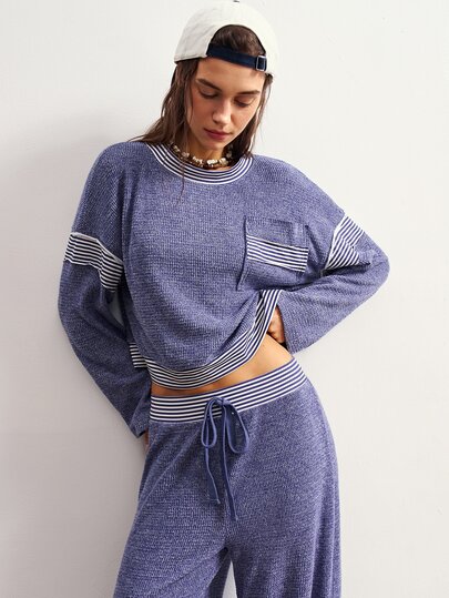 Bohemela Women's Long Sleeve Pocket Sweatshirt And Striped Drawstring Waist Pants 2 Pieces Set