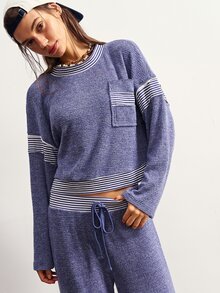 Bohemela Women's Long Sleeve Pocket Sweatshirt And Striped Drawstring Waist Pants 2 Pieces Set - Blue - View 5