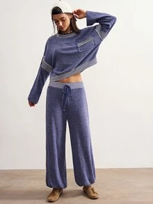 Bohemela Women's Long Sleeve Pocket Sweatshirt And Striped Drawstring Waist Pants 2 Pieces Set - Blue - View 4
