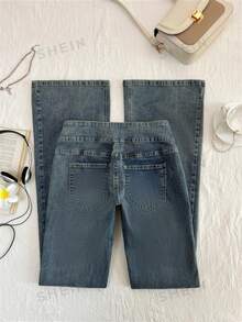 Elamini Low Waist Fashion Washed Denim Flare Pants - Dark Wash - View 2