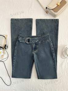 Elamini Low Waist Fashion Washed Denim Flare Pants - Dark Wash - View 7