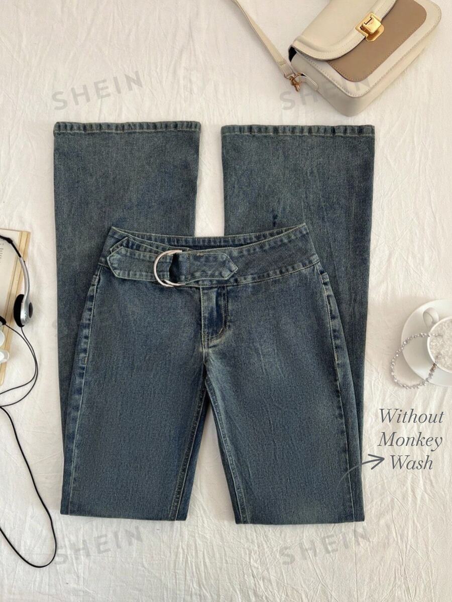 Elamini Low Waist Fashion Washed Denim Flare Pants - Dark Wash - View 1
