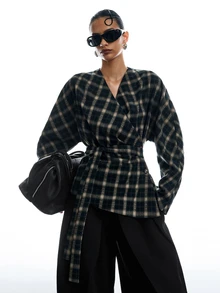 LYSMO Áo blazer len nữ tay dài dáng dơi họa tiết kẻ caro thanh lịch - Nhiều màu - Xem 8