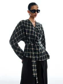 LYSMO Áo blazer len nữ tay dài dáng dơi họa tiết kẻ caro thanh lịch - Nhiều màu - Xem 1