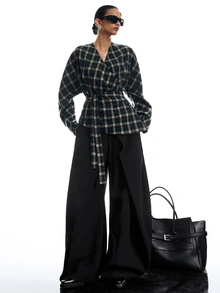 LYSMO Áo blazer len nữ tay dài dáng dơi họa tiết kẻ caro thanh lịch - Nhiều màu - Xem 5