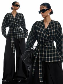 LYSMO Áo blazer len nữ tay dài dáng dơi họa tiết kẻ caro thanh lịch - Nhiều màu - Xem 3