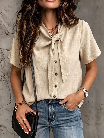 SHEIN Women's Bow Tie Neck Short Sleeve Cover Up, Button Front Linen Blend Casual Shirt, Loose Fit Solid Color Elegant Work Office Daily Wear Top