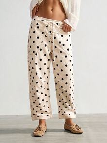 Bohemela Women's Drawstring Waist Polka Dot Casual Versatile Everyday Long Pants - White - View 3