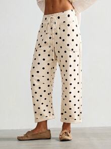 Bohemela Women's Drawstring Waist Polka Dot Casual Versatile Everyday Long Pants - White - View 4