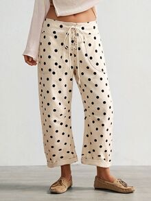 Bohemela Women's Drawstring Waist Polka Dot Casual Versatile Everyday Long Pants - White - View 2