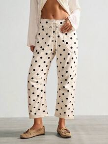 Bohemela Women's Drawstring Waist Polka Dot Casual Versatile Everyday Long Pants - White - View 5