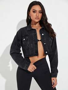 SHEIN Essnce 女款單排扣休閒日常牛仔夾克 - 黑色 - 查看 6