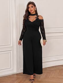 SHEIN LUNE CURVE Plus Size Women's Fashion Elegant Versatile Lace Patchwork Cowl Neck V-Neck Ruched Straight Leg Jumpsuit Fall - Black - View 5