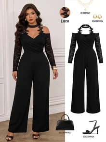 SHEIN LUNE CURVE Plus Size Women's Fashion Elegant Versatile Lace Patchwork Cowl Neck V-Neck Ruched Straight Leg Jumpsuit Fall - Black - View 1