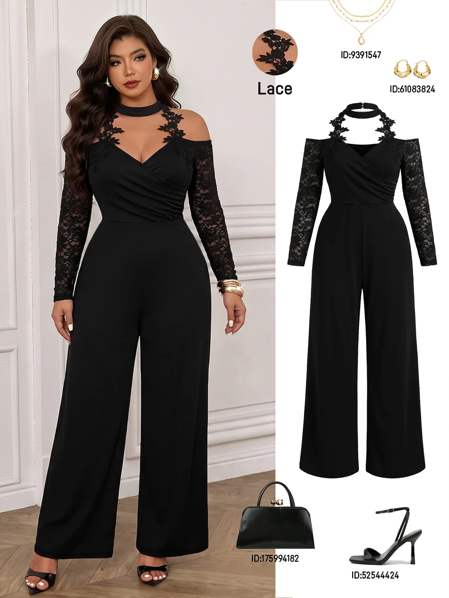 SHEIN LUNE CURVE Plus Size Women's Fashion Elegant Versatile Lace Patchwork Cowl Neck V-Neck Ruched Straight Leg Jumpsuit Fall - Black - View 1