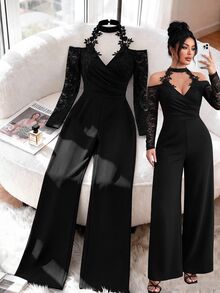 SHEIN LUNE CURVE Plus Size Women's Fashion Elegant Versatile Lace Patchwork Cowl Neck V-Neck Ruched Straight Leg Jumpsuit Fall - Black - View 4
