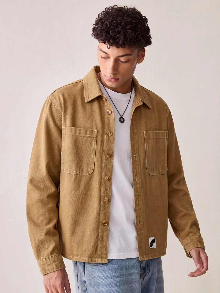 NORVETH Men's Khaki Long Sleeve Denim Shirt - Khaki - View 1