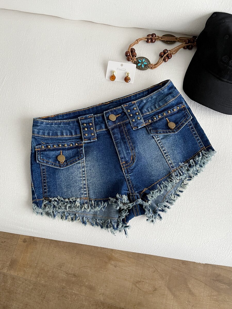 Elamini Shorts vaqueros casuales de mujer con dobladillo deshilachado y remaches - Azul - Ver 1