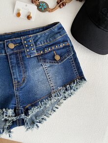 Elamini Shorts vaqueros casuales de mujer con dobladillo deshilachado y remaches - Azul - Ver 5
