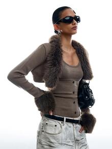 LYSMO Set 2 Potong Fashion Wanita: Cardigan Rajut Pendek dengan Hiasan Bulu dan Desain Kancing, Model Camisole. - Khaki - View 5