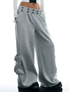 LYSMO Relaxed Fit Cargo Pants With Hand-Stitched Button Decor, Street Dance Style - Grey - View 7