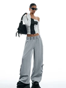 LYSMO Relaxed Fit Cargo Pants With Hand-Stitched Button Decor, Street Dance Style - Grey - View 5