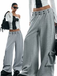 LYSMO Relaxed Fit Cargo Pants With Hand-Stitched Button Decor, Street Dance Style - Grey - View 1
