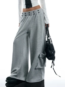 LYSMO Relaxed Fit Cargo Pants With Hand-Stitched Button Decor, Street Dance Style - Grey - View 9