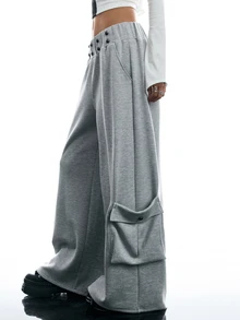 LYSMO Relaxed Fit Cargo Pants With Hand-Stitched Button Decor, Street Dance Style - Grey - View 6