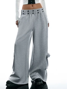 LYSMO Relaxed Fit Cargo Pants With Hand-Stitched Button Decor, Street Dance Style - Grey - View 8