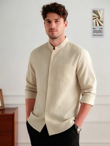 Core Aspect Men's Casual Solid Color Minimalist Long Sleeve Shirt, Daily Wear, Formal - Apricot - View 5