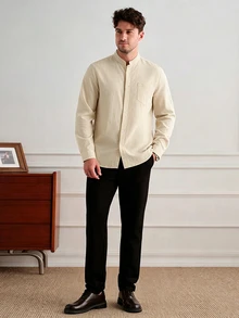 Core Aspect Men's Casual Solid Color Minimalist Long Sleeve Shirt, Daily Wear, Formal - Apricot - View 4