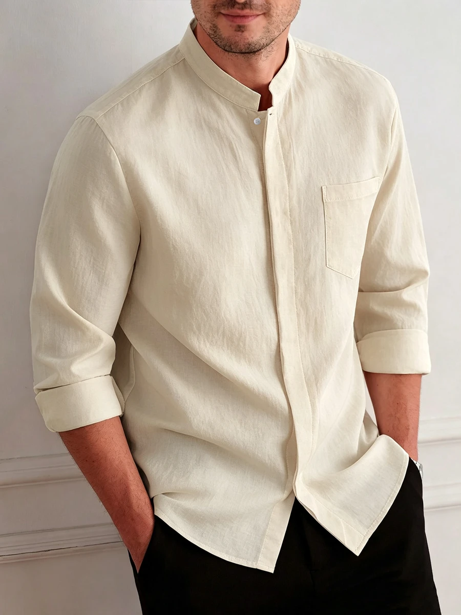 Core Aspect Men's Casual Solid Color Minimalist Long Sleeve Shirt, Daily Wear, Formal - Apricot - View 1