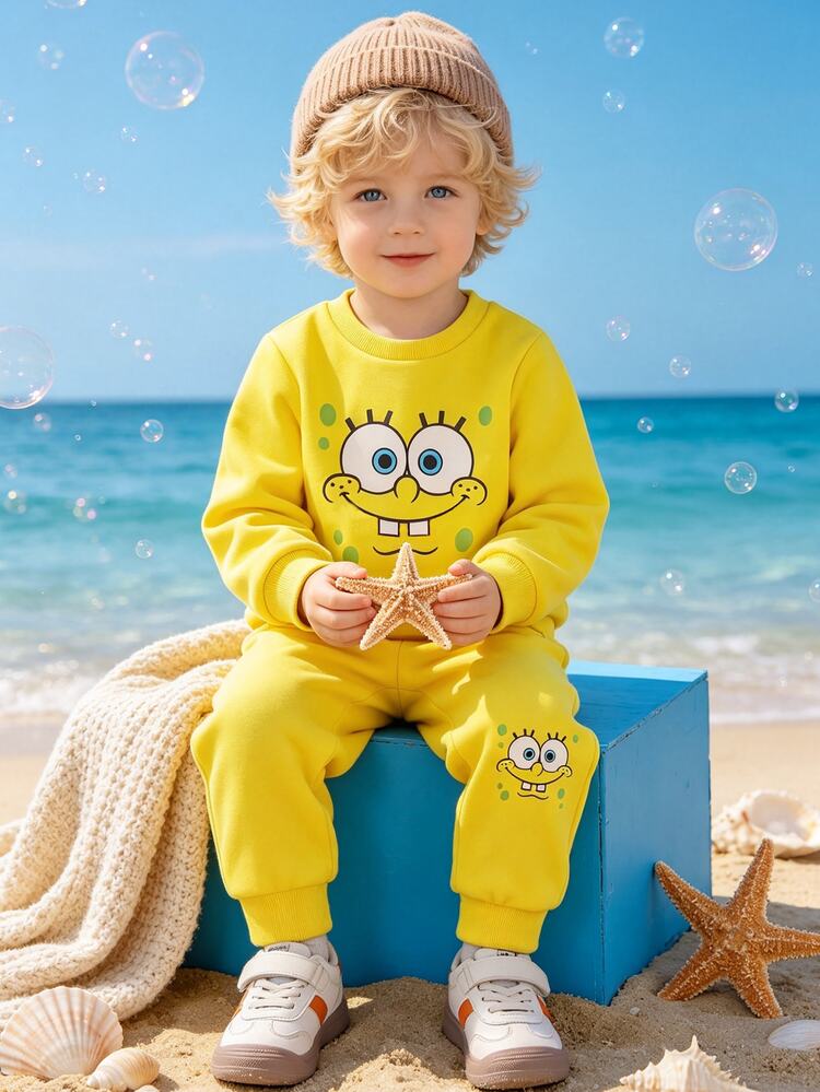SpongeBob SquarePants | SHEIN 2pcs Baby Boy Cute Cartoon Casual Set, Portrait Print Crew Neck Long Sleeve Sweatshirt With Matching Pattern Jogger Sweatpants, Suitable For Outings, Shopping, Daily Wear, Spring And Autumn - Multicolor - View 1