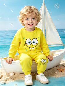 SpongeBob SquarePants | SHEIN 2件組男嬰休閒圖案圓領長袖運動衫與慢跑褲套裝，美式秋季風格多件套 - 彩色 - 查看 3