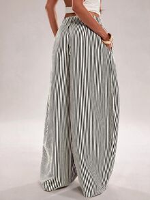 SHEIN Tall CURVE 大尺碼鈕扣口袋條紋長褲 - 黑色 - 查看 2