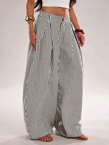 SHEIN Tall CURVE 大尺碼鈕扣口袋條紋長褲 - 黑色 - 查看 6