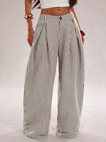 SHEIN Tall CURVE 大尺碼鈕扣口袋條紋長褲 - 黑色 - 查看 4