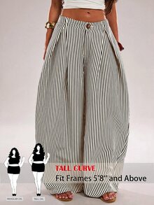 SHEIN Tall CURVE 大尺碼鈕扣口袋條紋長褲 - 黑色 - 查看 1
