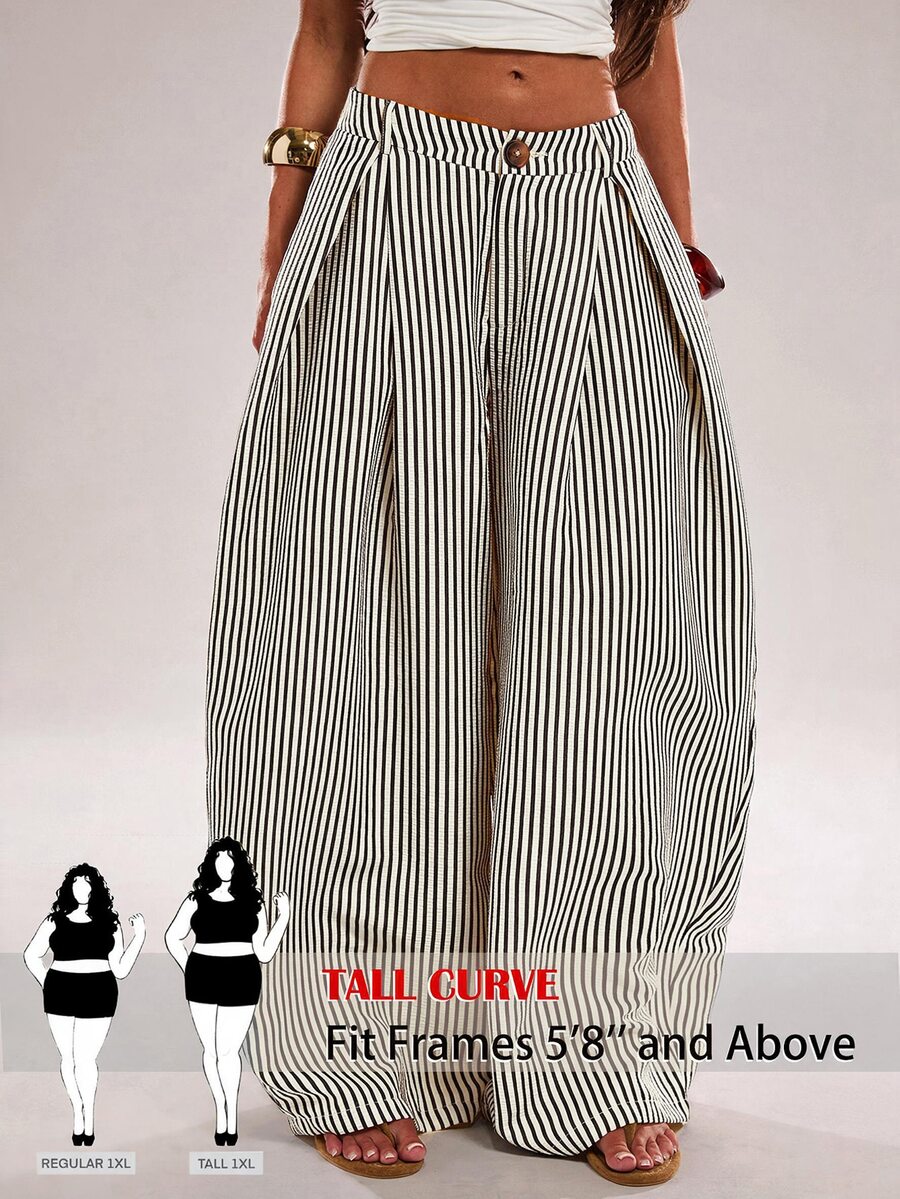 SHEIN Tall CURVE 大尺碼鈕扣口袋條紋長褲 - 黑色 - 查看 1