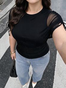 Auveirra Plus Size Women's Contrast Mesh Drawstring Design Fashion T-Shirt Summer Holiday Outfits Black Top Elegant Sexy Blouses Chic Brunch Dinner Night - Black - View 1