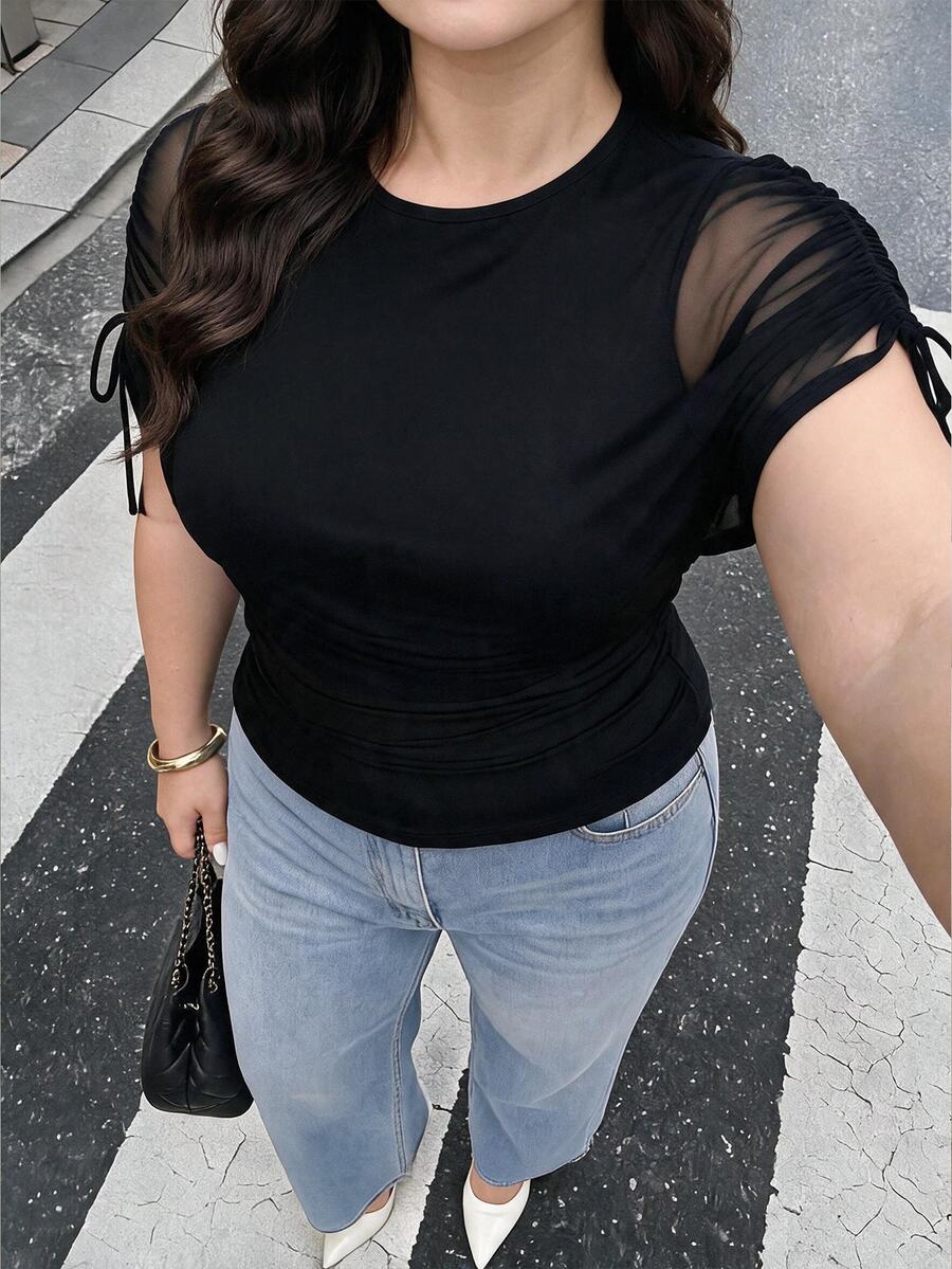 Auveirra Plus Size Women's Contrast Mesh Drawstring Design Fashion T-Shirt Summer Holiday Outfits Black Top Elegant Sexy Blouses Chic Brunch Dinner Night - Black - View 1