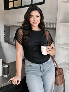 Auveirra Plus Size Women's Contrast Mesh Drawstring Design Fashion T-Shirt Summer Holiday Outfits Black Top Elegant Sexy Blouses Chic Brunch Dinner Night - Black - View 3