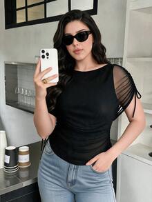 Auveirra Plus Size Women's Contrast Mesh Drawstring Design Fashion T-Shirt Summer Holiday Outfits Black Top Elegant Sexy Blouses Chic Brunch Dinner Night - Black - View 4
