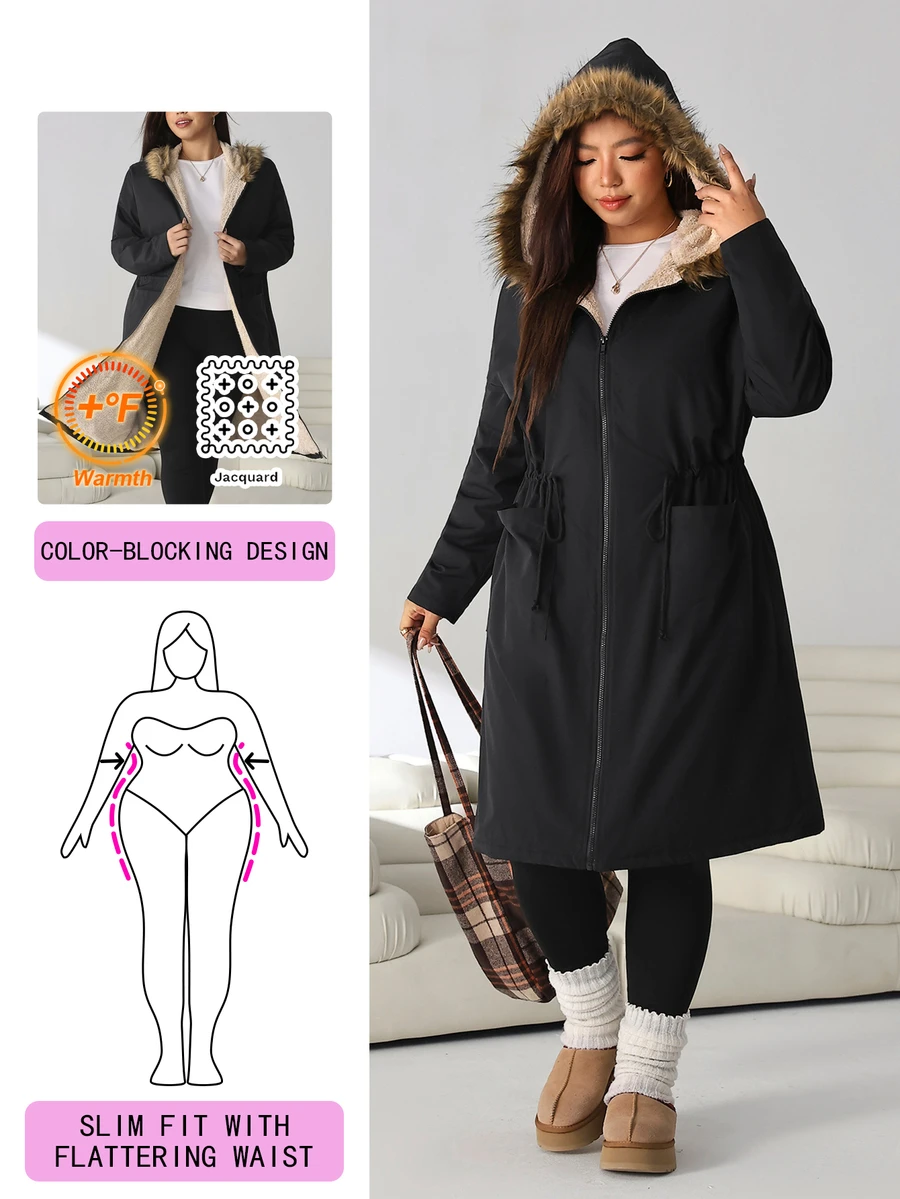 Solflare Jaket Lengan Panjang Kasual Serbaguna Berbahan Patchwork Mewah untuk Wanita Ukuran Plus - Hitam - View 1